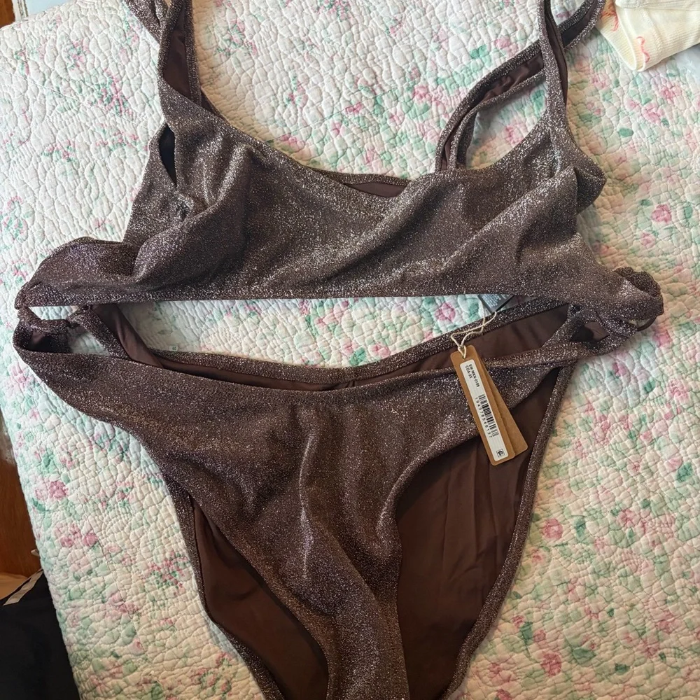 SKIMS Signature Swim Cut-Out Monokini Metallic Glitter Jasper Brown 3X NWT